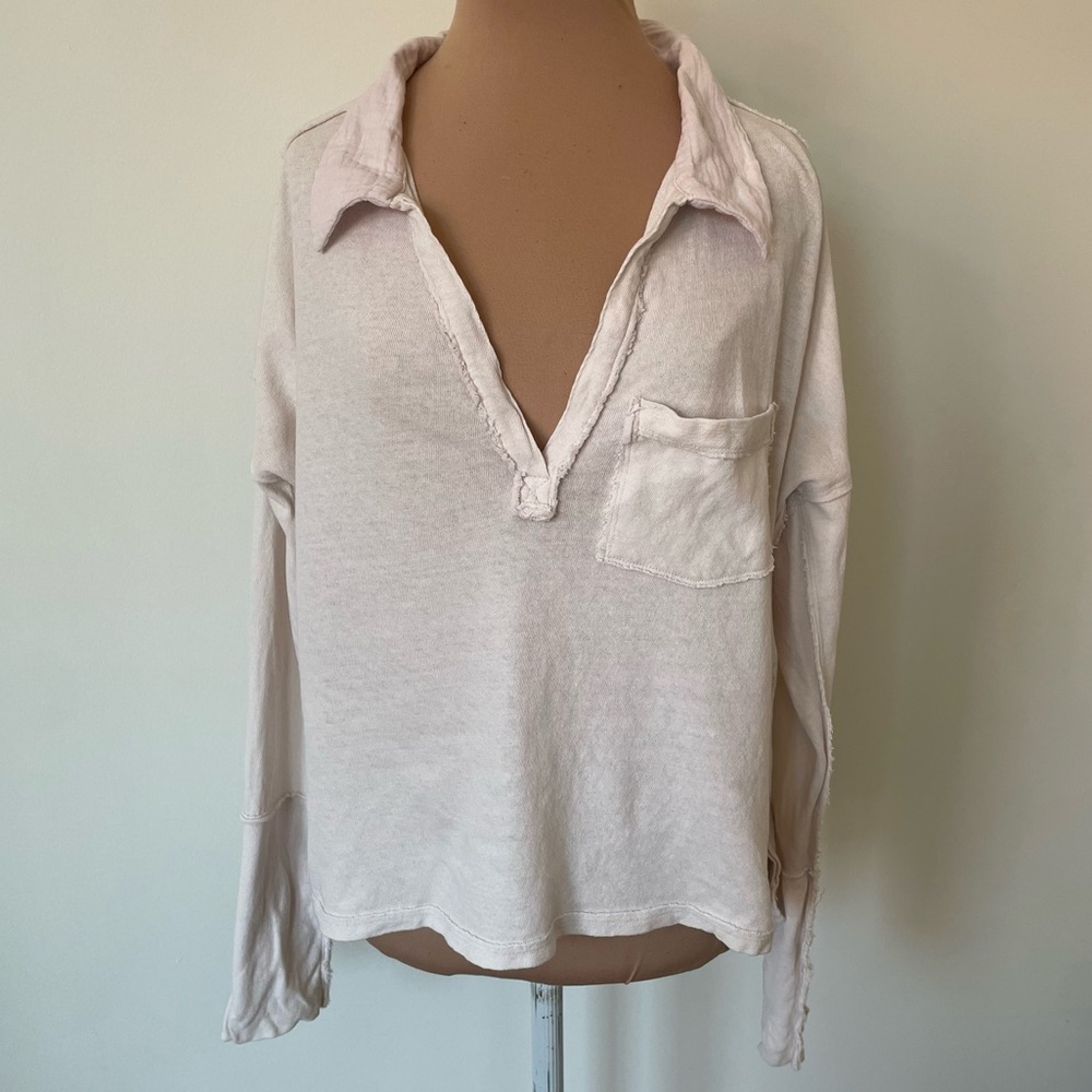 Free People We the Free Light Pink 100% Cotton V-Neck Slouchy Pullover Top Sz S